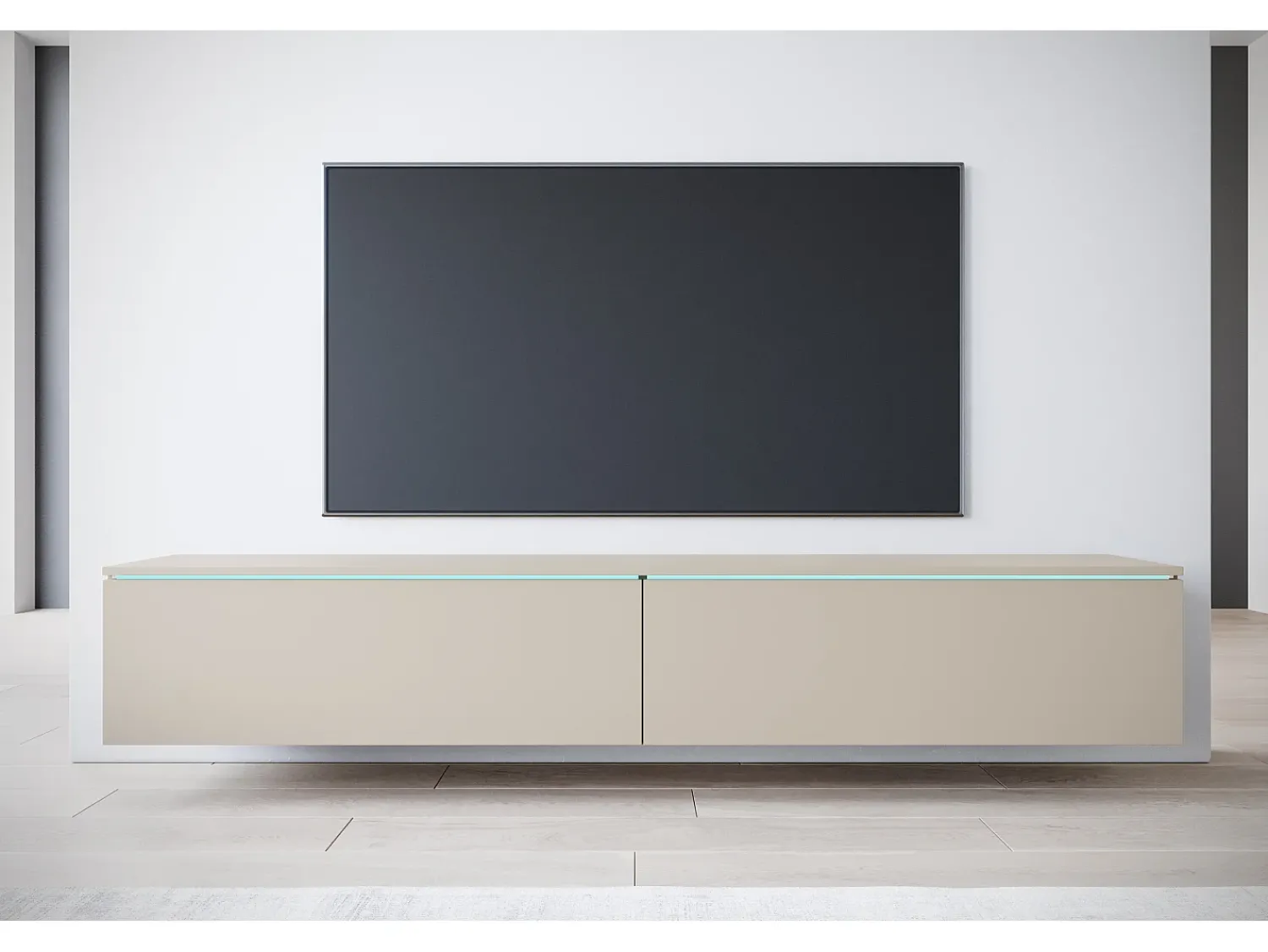 Móvel De Tv* Móvel de TV moderno 180 cm para sala – 2 portas, sem puxadores, acabamento mate, de chão ou suspenso, caxemira Bege