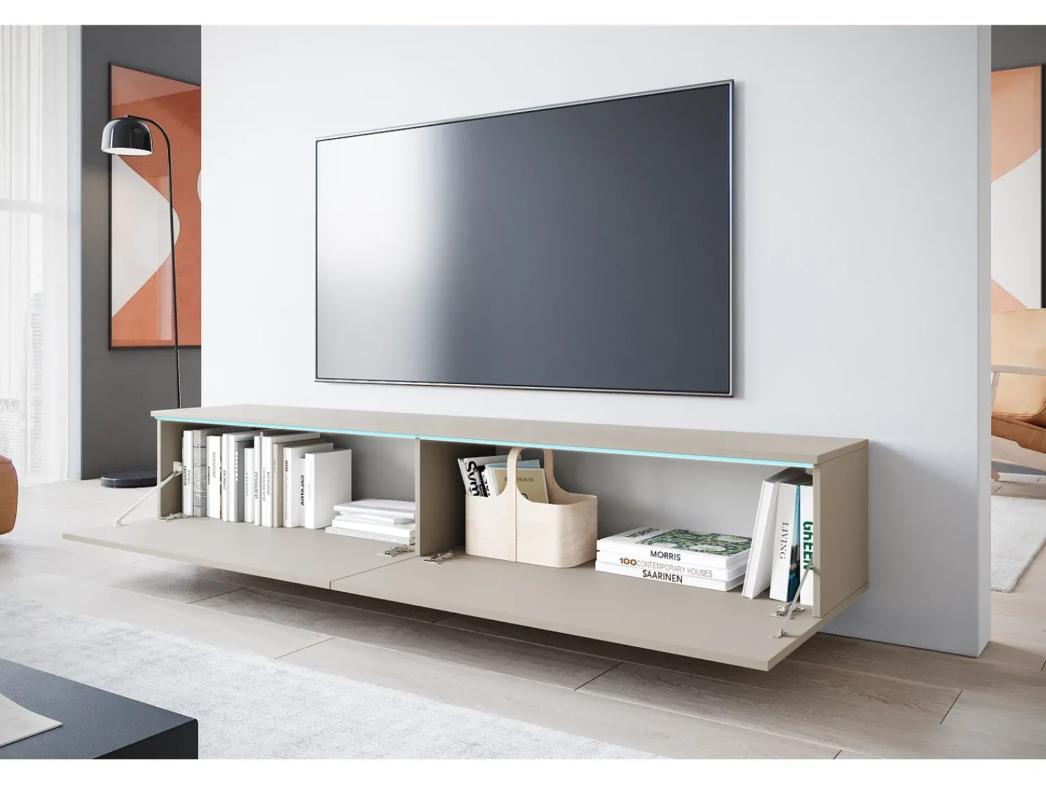 Móvel De Tv* Móvel de TV moderno 180 cm para sala – 2 portas, sem puxadores, acabamento mate, de chão ou suspenso, caxemira Bege