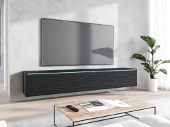 Móvel De Tv* Móvel de TV moderno 180 cm para sala – 2 portas sem puxadores, acabamento mate, de chão ou suspenso, frentes em MDF mate Preto
