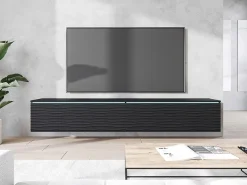 Móvel De Tv* Móvel de TV moderno 180 cm para sala – 2 portas sem puxadores, acabamento mate, de chão ou suspenso, frentes em MDF mate Preto