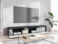 Móvel De Tv* Móvel de TV moderno 180 cm para sala – 2 portas sem puxadores, acabamento mate, de chão ou suspenso, frentes em MDF mate Preto