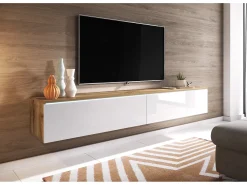 Móvel De Tv* Móvel de TV moderno 180 cm para sala com LED – 2 portas, sem puxadores, corpo carvalho wotan, frentes branco brilho, de chão ou suspenso Castanho