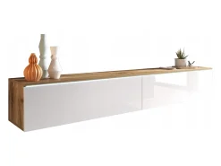 Móvel De Tv* Móvel de TV moderno 180 cm para sala com LED – 2 portas, sem puxadores, corpo carvalho wotan, frentes branco brilho, de chão ou suspenso Castanho