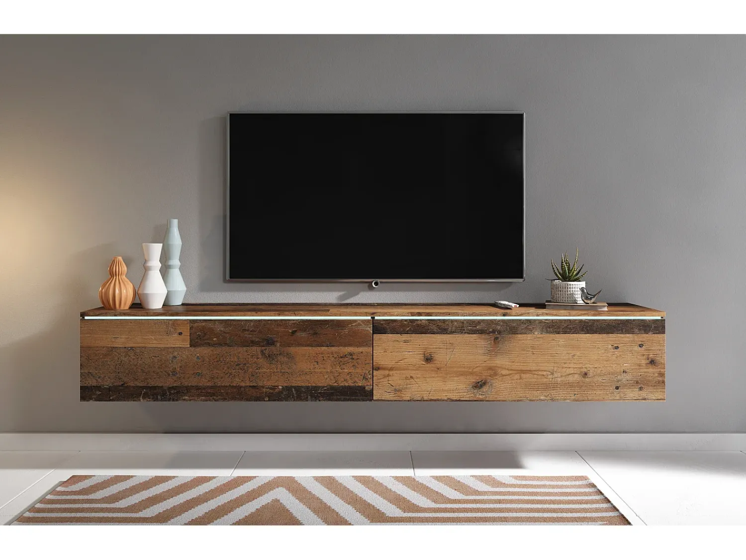 Sale Móvel de TV moderno 180 cm para sala com LED – 2 portas, sem puxadores, old style fosco, de chão ou suspenso Castanho