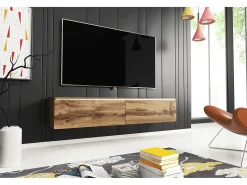 Móvel de TV moderno 140 cm para sala – 2 portas sem puxadores, carvalho wotan mate, de chão ou suspenso^ Móvel De Tv