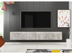 Móvel de TV moderno 180 cm para sala – 2 portas, sem puxadores, acabamento mate, de chão ou suspenso, betão smart / betão smart^ Móvel De Tv