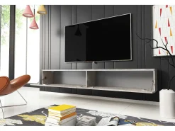 Móvel de TV moderno 180 cm para sala – 2 portas, sem puxadores, acabamento mate, de chão ou suspenso, betão smart / betão smart^ Móvel De Tv