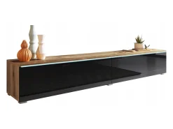 Móvel de TV moderno 180 cm para sala – 2 portas, sem puxadores, mate + brilho, de chão ou suspenso, carvalho wotan / preto brilho^ Móvel De Tv