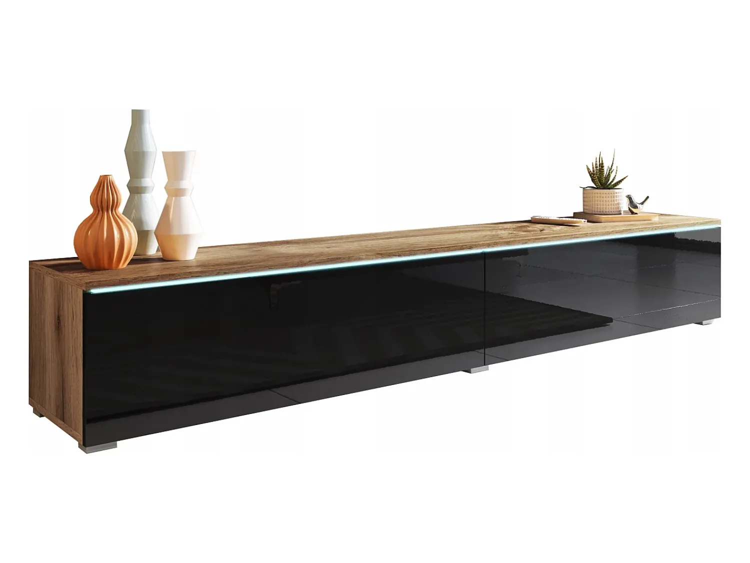 Móvel de TV moderno 180 cm para sala – 2 portas, sem puxadores, mate + brilho, de chão ou suspenso, carvalho wotan / preto brilho^ Móvel De Tv