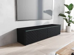 Clearance Móvel de TV moderno 140 cm para sala – 2 portas sem puxadores, acabamento mate, de chão ou suspenso, frentes em MDF espinha de peixe Preto