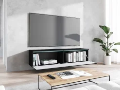Clearance Móvel de TV moderno 140 cm para sala – 2 portas sem puxadores, acabamento mate, de chão ou suspenso, frentes em MDF espinha de peixe Preto