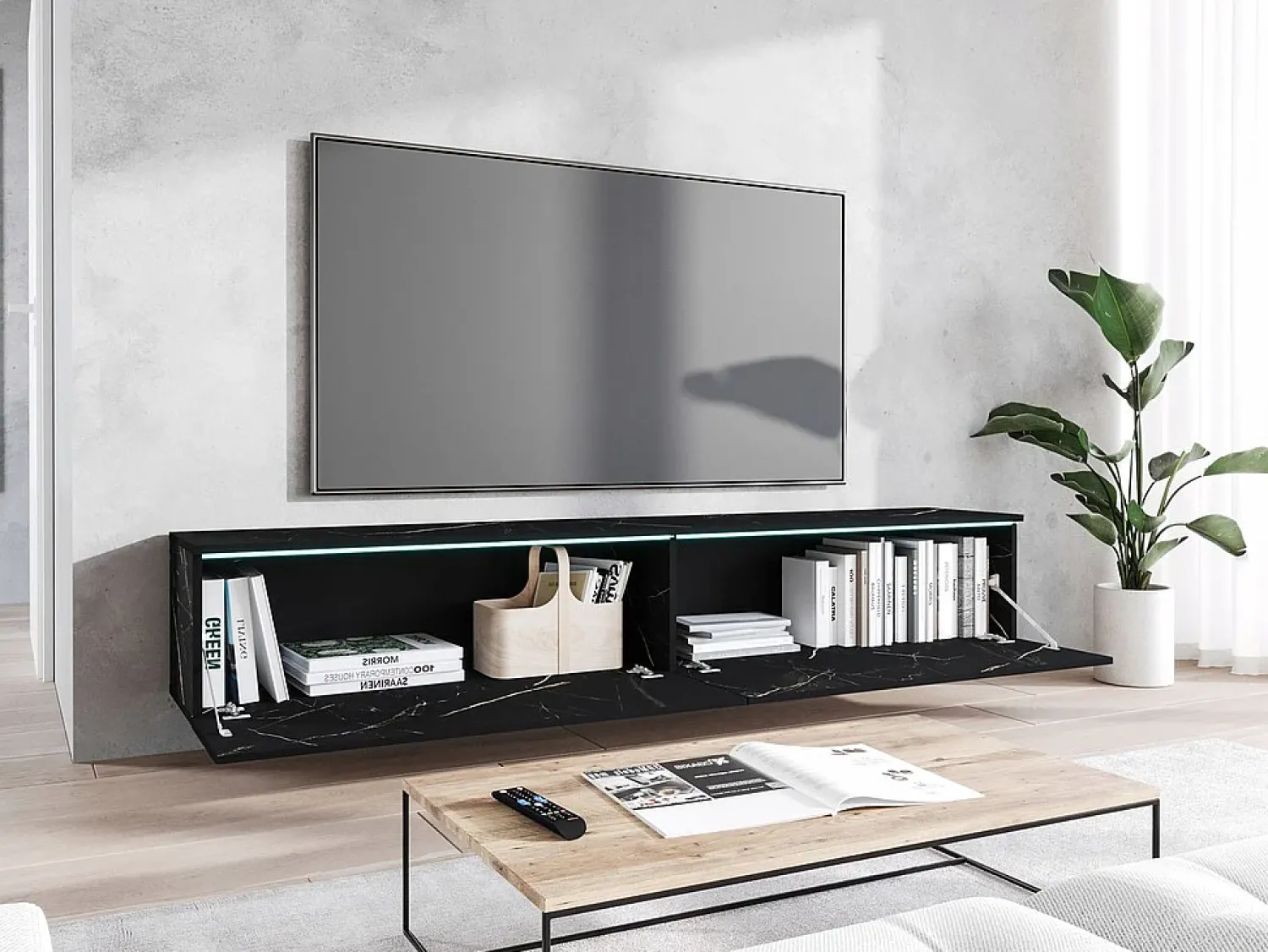 Móvel de TV moderno 180 cm para sala – 2 portas, sem puxadores, acabamento mate, de chão ou suspenso, san sebastian^ Móvel De Tv
