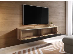 Móvel De Tv* Móvel de TV moderno 140 cm para sala – 2 portas sem puxadores, corpo carvalho wotan mate / frentes preto brilho, de chão ou suspenso Castanho