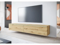 Clearance Móvel de TV moderno 180 cm para sala – 2 portas, sem puxadores, acabamento mate, de chão ou suspenso, carvalho artisan Natural escuro