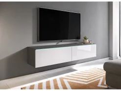 Móvel De Tv* Móvel de TV moderno 140 cm para sala – 2 portas, sem puxadores, corpo carvalho Matera mate, frentes branco brilho, de chão ou suspenso Multicor
