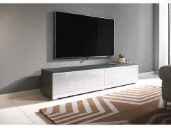 Móvel De Tv* Móvel de TV moderno 140 cm para sala – 2 portas, sem puxadores, corpo carvalho Matera mate, frentes branco brilho, de chão ou suspenso Multicor