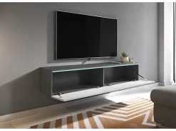 Móvel De Tv* Móvel de TV moderno 140 cm para sala – 2 portas, sem puxadores, corpo carvalho Matera mate, frentes branco brilho, de chão ou suspenso Multicor