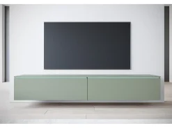 Clearance Móvel de TV moderno 180 cm para sala com LED – 2 portas, sem puxadores, verde névoa, de chão ou suspenso Verde claro
