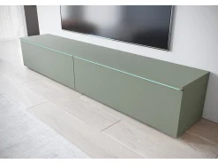Clearance Móvel de TV moderno 180 cm para sala com LED – 2 portas, sem puxadores, verde névoa, de chão ou suspenso Verde claro