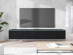 Hot Móvel de TV moderno 180 cm para sala – 2 portas sem puxadores, acabamento mate, de chão ou suspenso, frentes em MDF espinha de peixe mate Preto