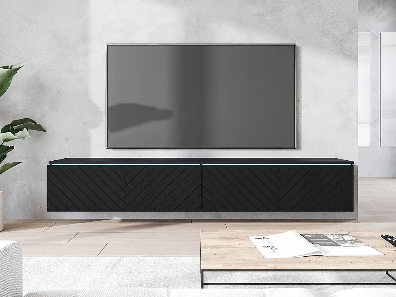 Hot Móvel de TV moderno 180 cm para sala – 2 portas sem puxadores, acabamento mate, de chão ou suspenso, frentes em MDF espinha de peixe mate Preto