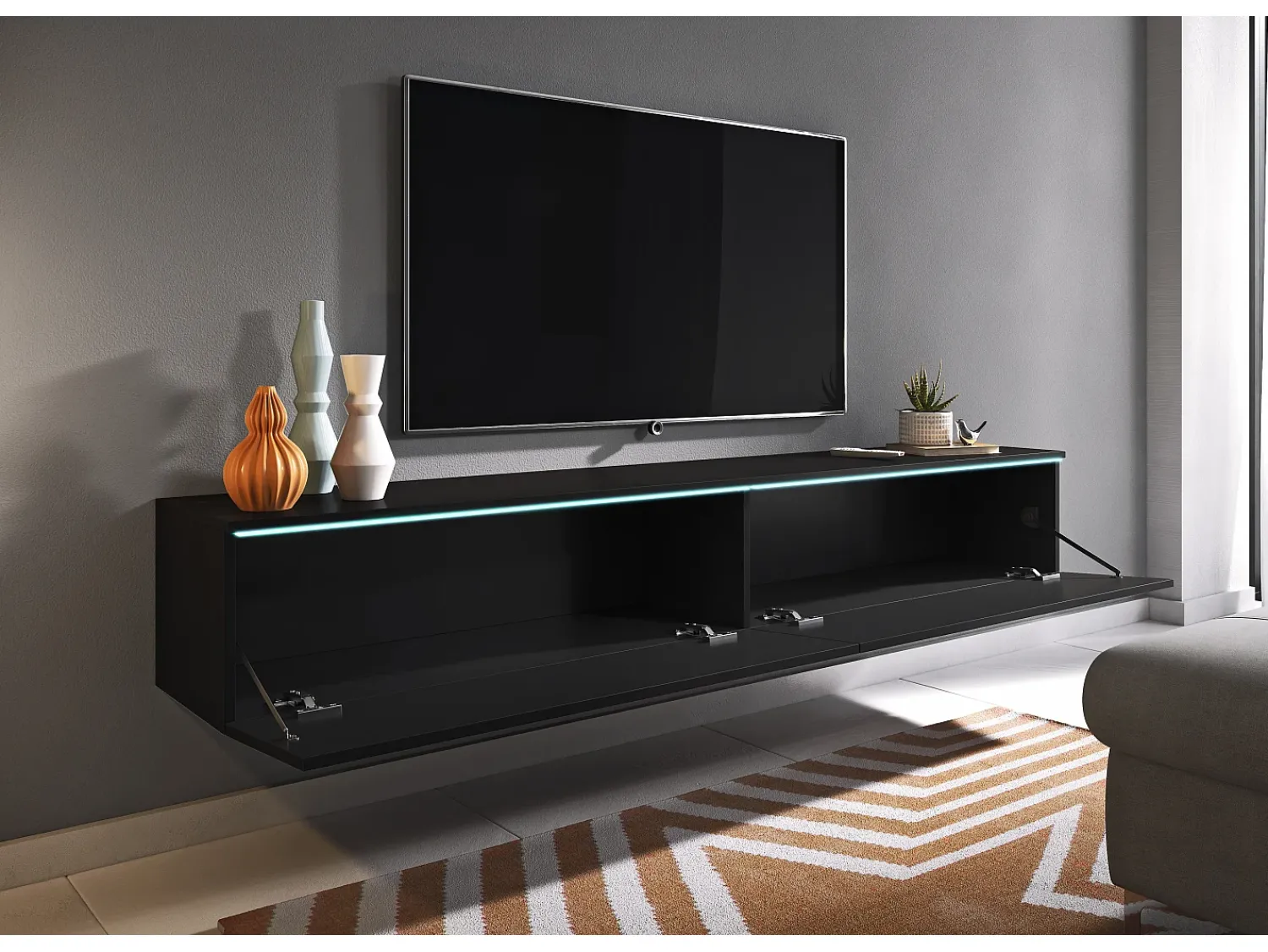 Móvel De Tv| Móvel de TV moderno 180 cm para sala – 2 portas, sem puxadores, acabamento mate, de chão ou suspenso, grafite Preto
