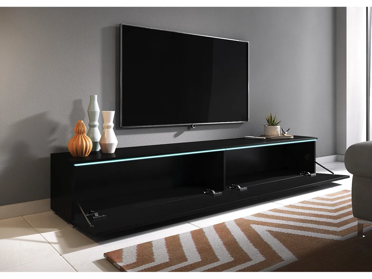 Móvel De Tv| Móvel de TV moderno 180 cm para sala – 2 portas, sem puxadores, acabamento mate, de chão ou suspenso, grafite Preto