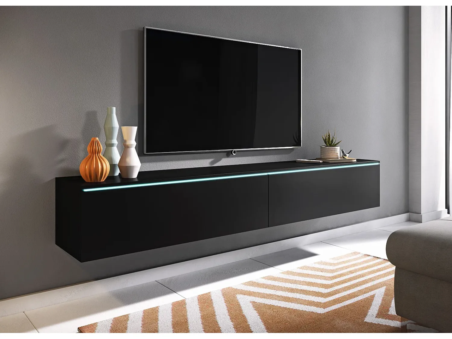 Móvel De Tv| Móvel de TV moderno 180 cm para sala – 2 portas, sem puxadores, acabamento mate, de chão ou suspenso, grafite Preto