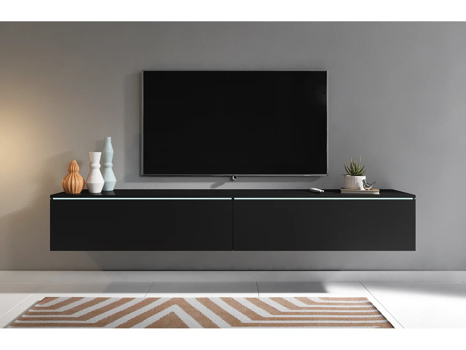 Móvel De Tv| Móvel de TV moderno 180 cm para sala – 2 portas, sem puxadores, acabamento mate, de chão ou suspenso, grafite Preto
