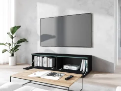 Móvel De Tv* Móvel de TV moderno 140 cm para sala – 2 portas sem puxadores, grafite mate, de chão ou suspenso Preto