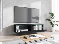 Móvel De Tv* Móvel de TV moderno 140 cm para sala – 2 portas sem puxadores, grafite mate, de chão ou suspenso Preto