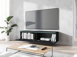 Móvel De Tv* Móvel de TV moderno 140 cm para sala – 2 portas sem puxadores, grafite mate, de chão ou suspenso Preto