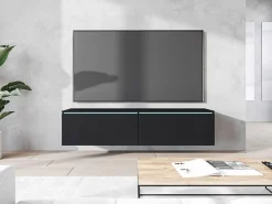 Móvel De Tv* Móvel de TV moderno 140 cm para sala – 2 portas sem puxadores, grafite mate, de chão ou suspenso Preto