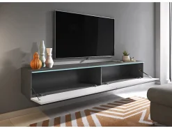 Outlet Móvel de TV moderno 180 cm para sala com LED – 2 portas, sem puxadores, corpo antracite fosco, frentes branco brilho, de chão ou suspenso Cinza antracite