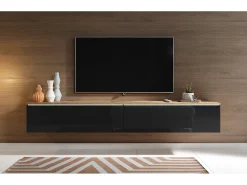 Móvel De Tv| Móvel de TV moderno 180 cm para sala com LED – 2 portas, sem puxadores, corpo carvalho wotan, frentes preto brilho, de chão ou suspenso Natural escuro