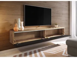 Móvel De Tv| Móvel de TV moderno 180 cm para sala com LED – 2 portas, sem puxadores, corpo carvalho wotan, frentes preto brilho, de chão ou suspenso Natural escuro