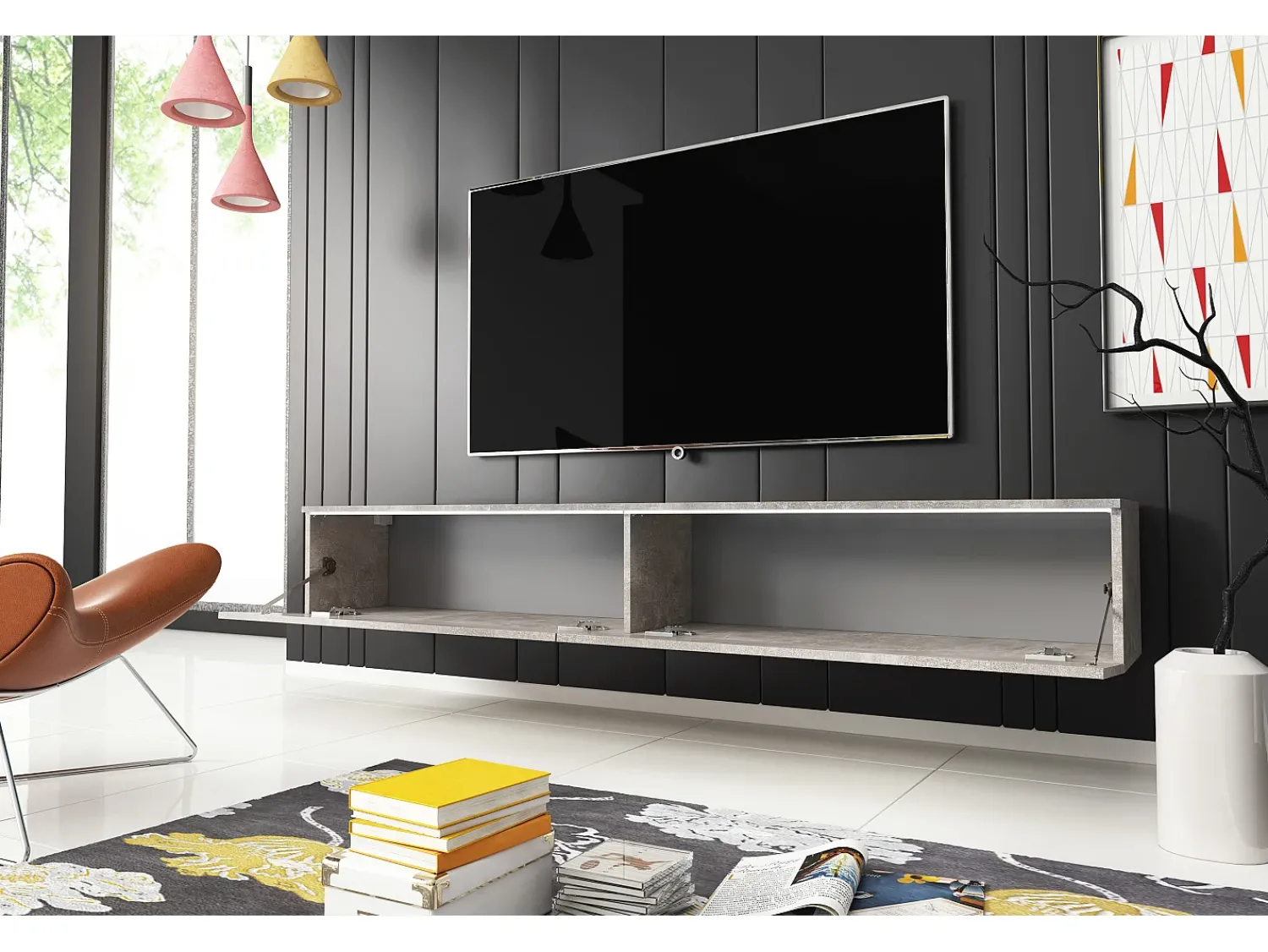 Móvel de TV moderno 180 cm para sala com LED – 2 portas, sem puxadores, betão fosco, de chão ou suspenso^ Móvel De Tv
