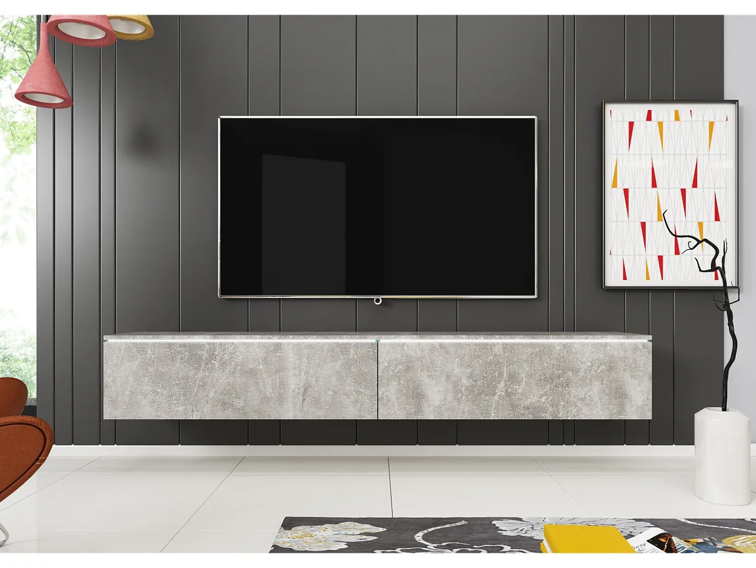 Móvel de TV moderno 180 cm para sala com LED – 2 portas, sem puxadores, betão fosco, de chão ou suspenso^ Móvel De Tv