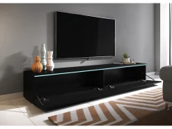 Móvel De Tv| Móvel de TV moderno 180 cm para sala com LED – 2 portas, sem puxadores, fosco, de chão ou suspenso Preto