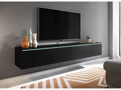 Móvel De Tv| Móvel de TV moderno 180 cm para sala com LED – 2 portas, sem puxadores, fosco, de chão ou suspenso Preto