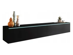 Móvel De Tv| Móvel de TV moderno 180 cm para sala com LED – 2 portas, sem puxadores, fosco, de chão ou suspenso Preto