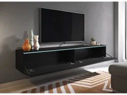 Móvel De Tv| Móvel de TV moderno 180 cm para sala com LED – 2 portas, sem puxadores, fosco, de chão ou suspenso Preto