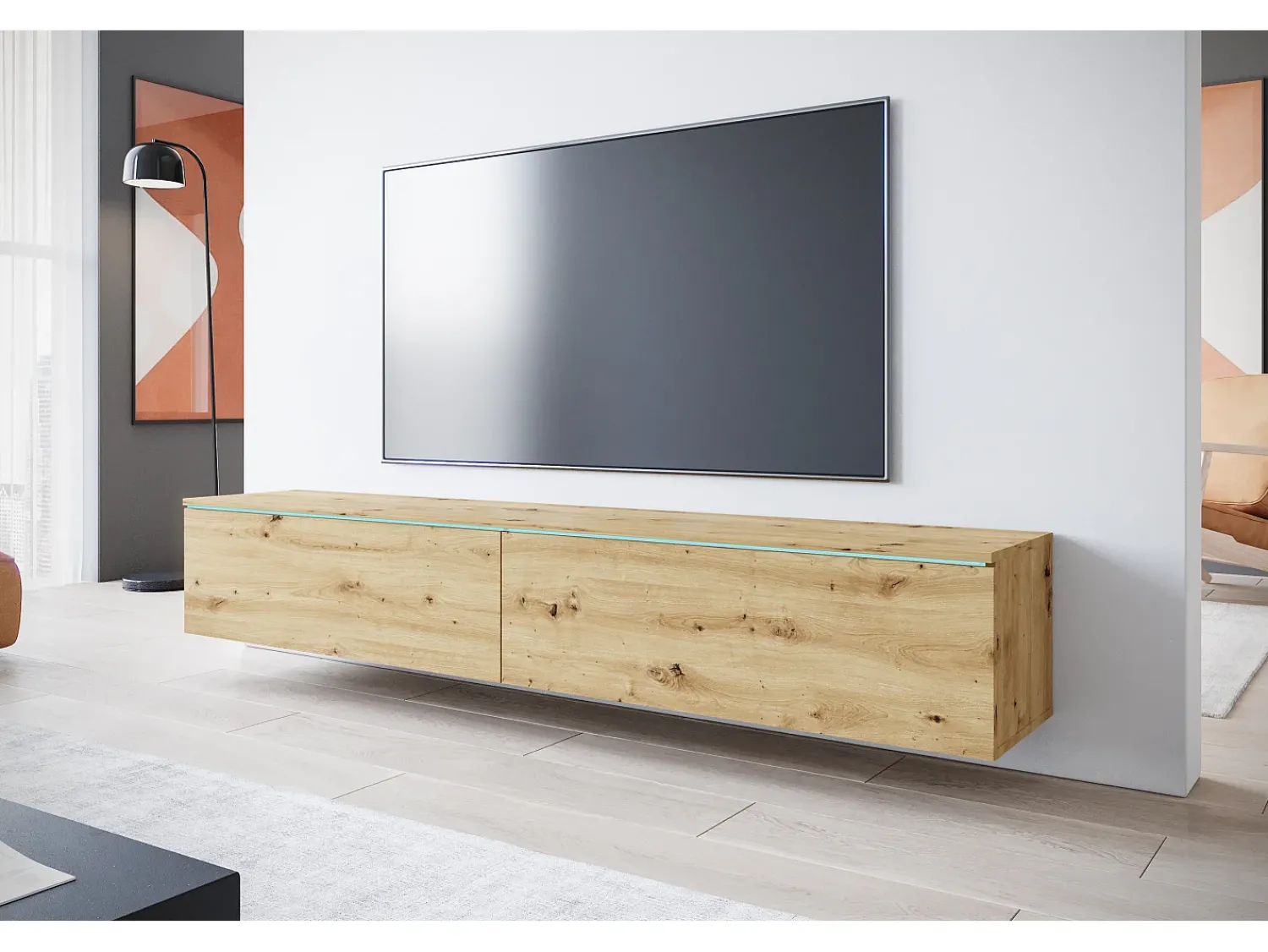 Móvel de TV moderno 180 cm para sala com LED – 2 portas, sem puxadores, carvalho artisan, de chão ou suspenso^ Móvel De Tv