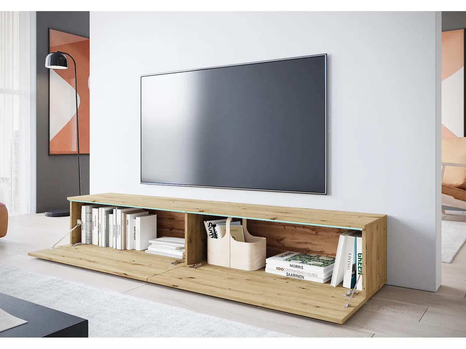 Móvel de TV moderno 180 cm para sala com LED – 2 portas, sem puxadores, carvalho artisan, de chão ou suspenso^ Móvel De Tv