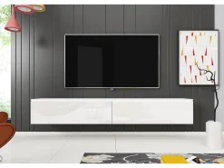 Móvel De Tv| Móvel de TV moderno 180 cm para sala – 2 portas, sem puxadores, mate + brilho, de chão ou suspenso, / brilho Branco