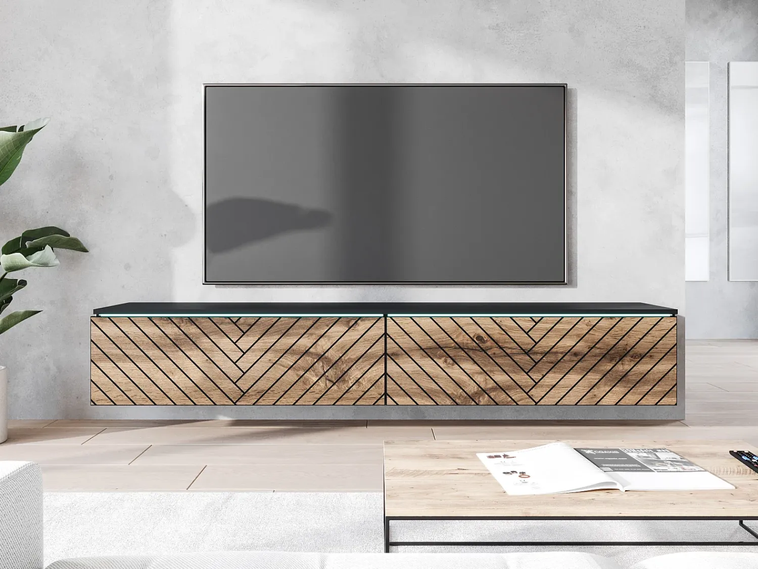 Móvel de TV moderno 180 cm para sala – sem puxadores, acabamento mate, de chão ou suspenso, corpo mate / frentes em MDF espinha de peixe carvalho wotan^ Móvel De Tv