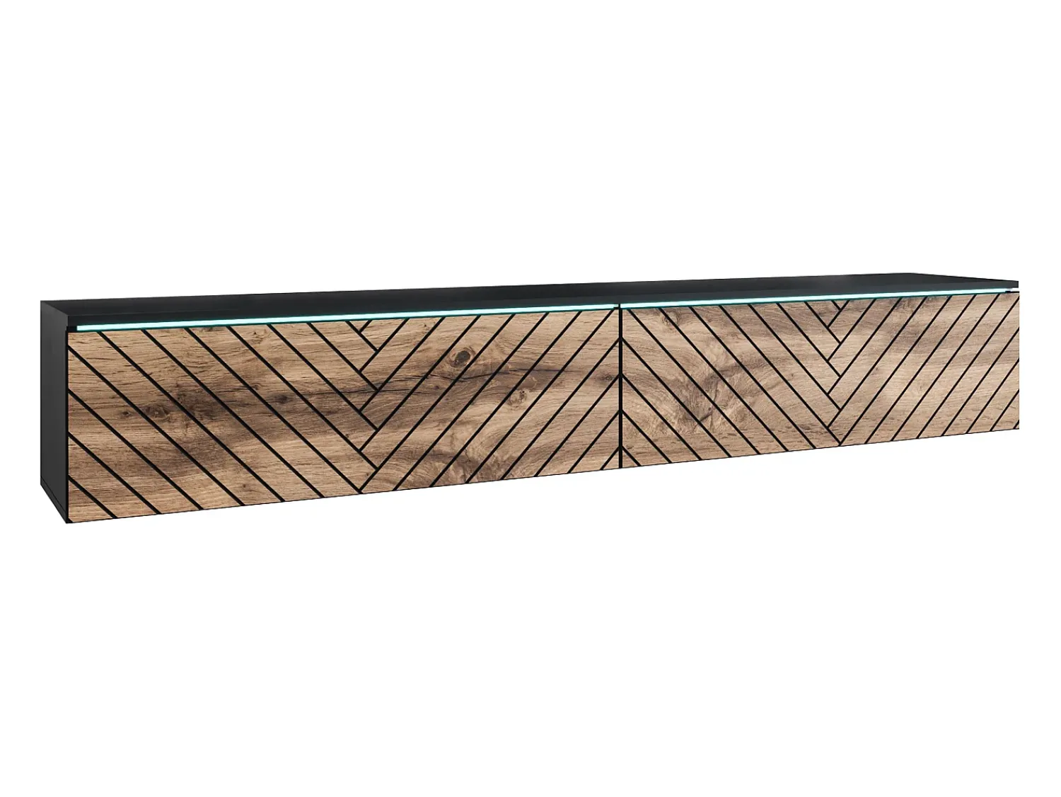 Móvel de TV moderno 180 cm para sala – sem puxadores, acabamento mate, de chão ou suspenso, corpo mate / frentes em MDF espinha de peixe carvalho wotan^ Móvel De Tv