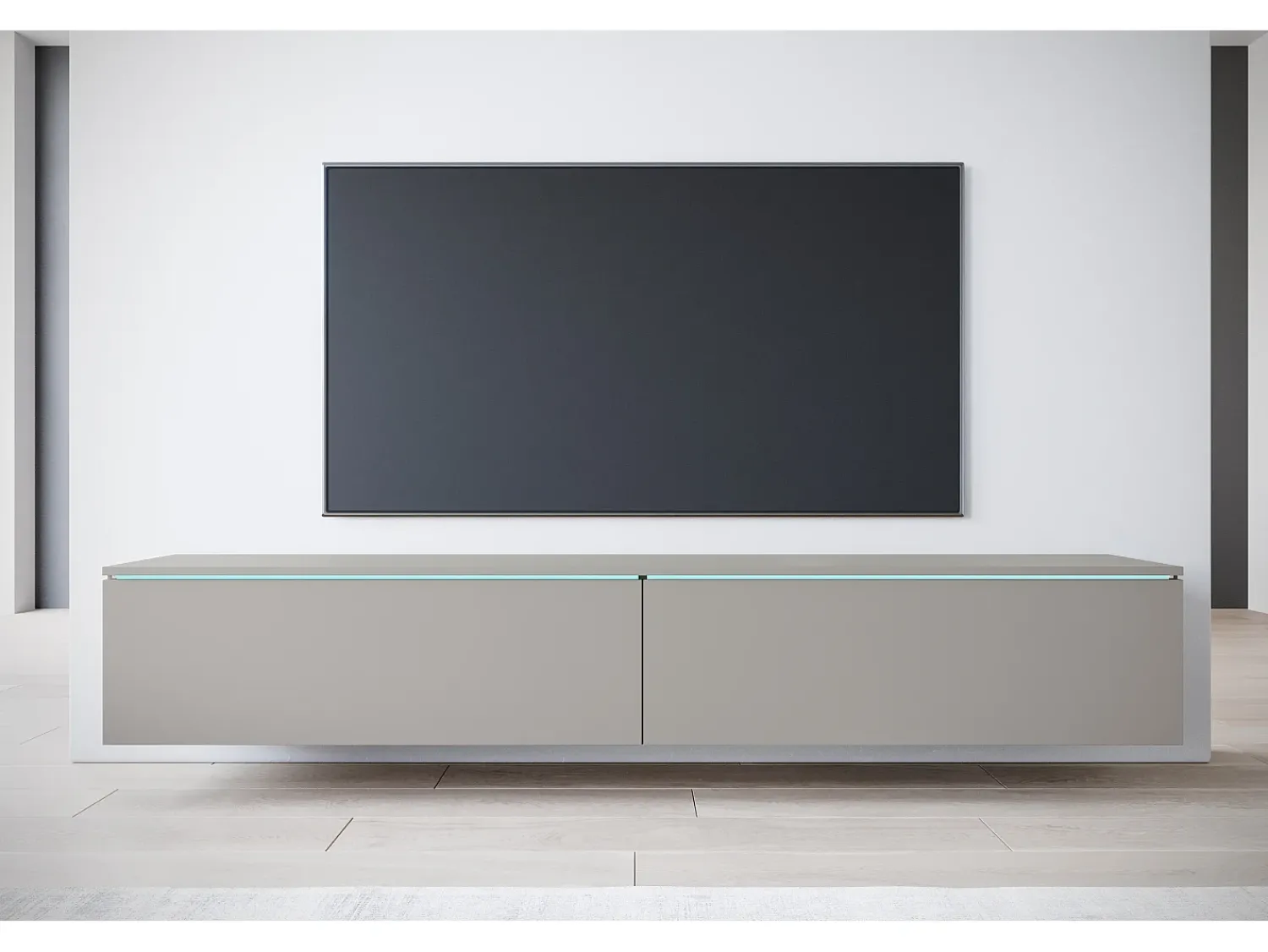 Móvel De Tv* Móvel de TV moderno 180 cm para sala com LED – 2 portas, sem puxadores, cinza paládio fosco, de chão ou suspenso Cinzento claro