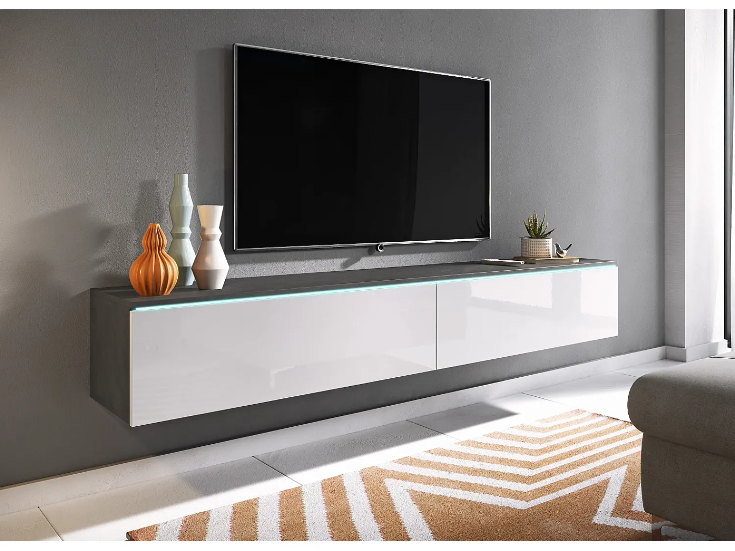 Sale Móvel de TV moderno 180 cm para sala – 2 portas, sem puxadores, mate + brilho, de chão ou suspenso, matera / branco brilho Cinza antracite / Branco