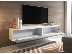 Móvel De Tv| Móvel de TV moderno 180 cm para sala com LED – 2 portas, sem puxadores, corpo fosco, frentes cinza brilho, de chão ou suspenso Branco